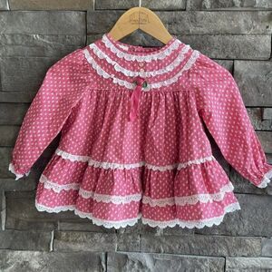 Vintage Girls Pink And White Floral‎ Print Lace Ruffled Top 18 Months